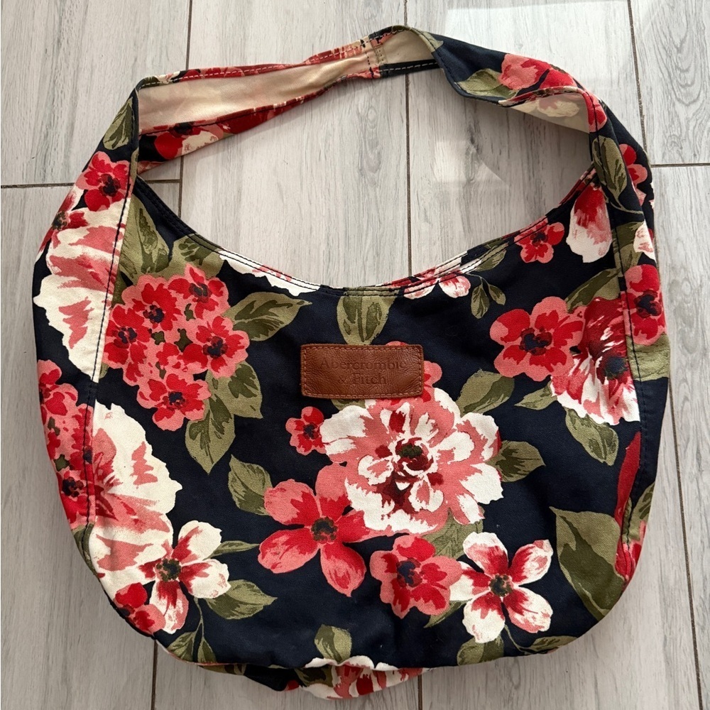 Floral Shoulder Hobo Bag - Navy with Red & Cream Blooms